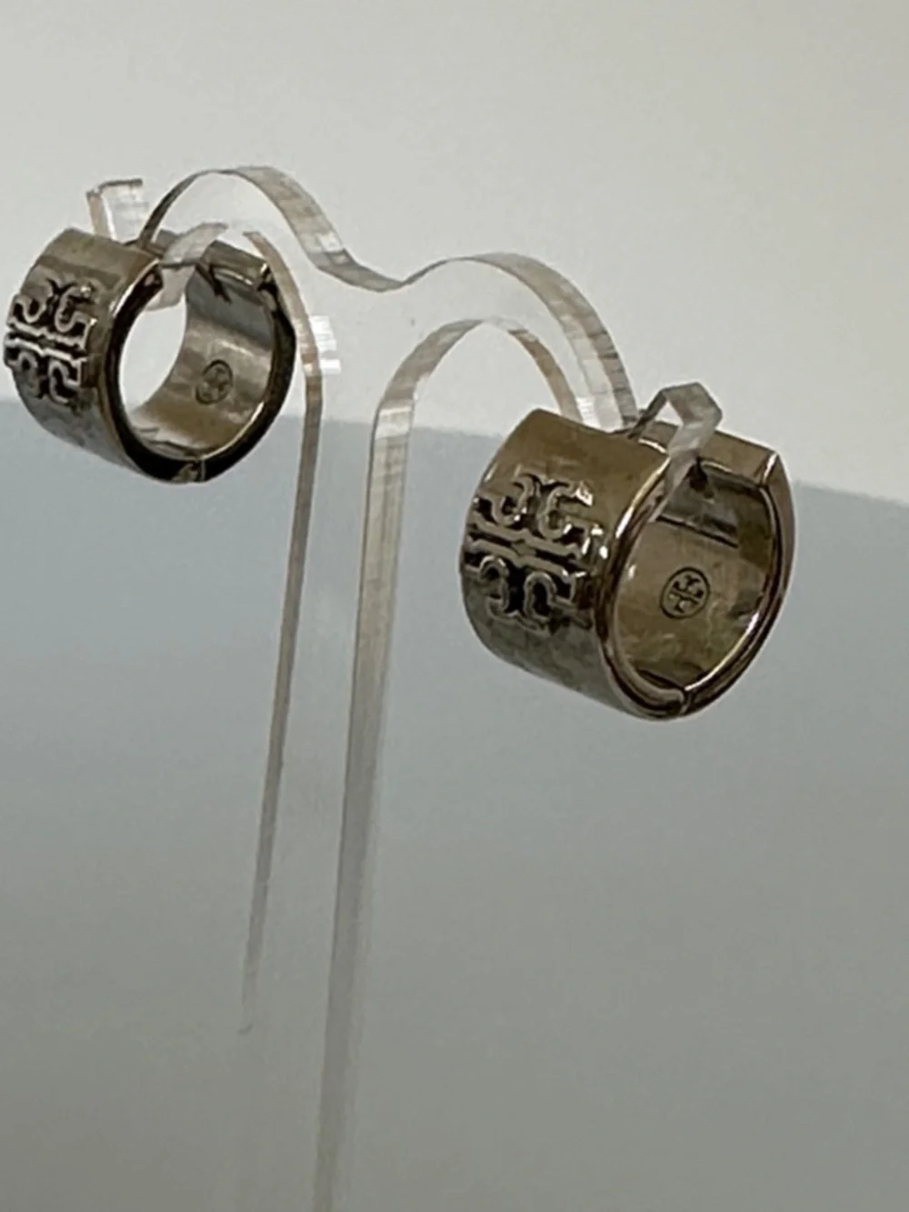 Tory Burch Silver Logo Hinge Hoop Earrings